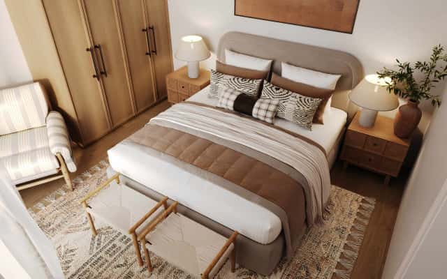 Monochromatyczny szyk 2026 Projektowanie wnętrz domu 2026: Monochromatyczne wnętrze z akcentami drewna i tekstyliów.