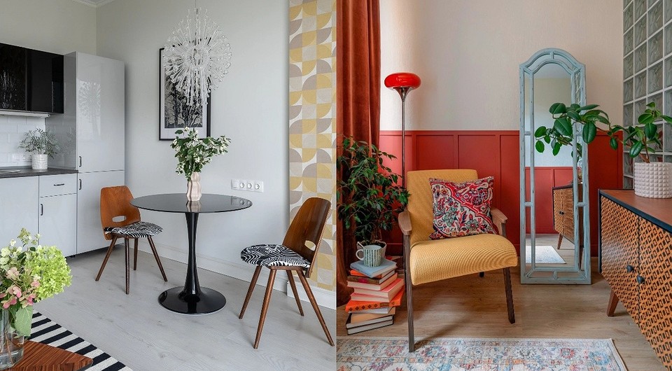 Salon w stylu vintage Salon w stylu retro z odrestaurowanym kredensem, fotelem i stołem vintage.