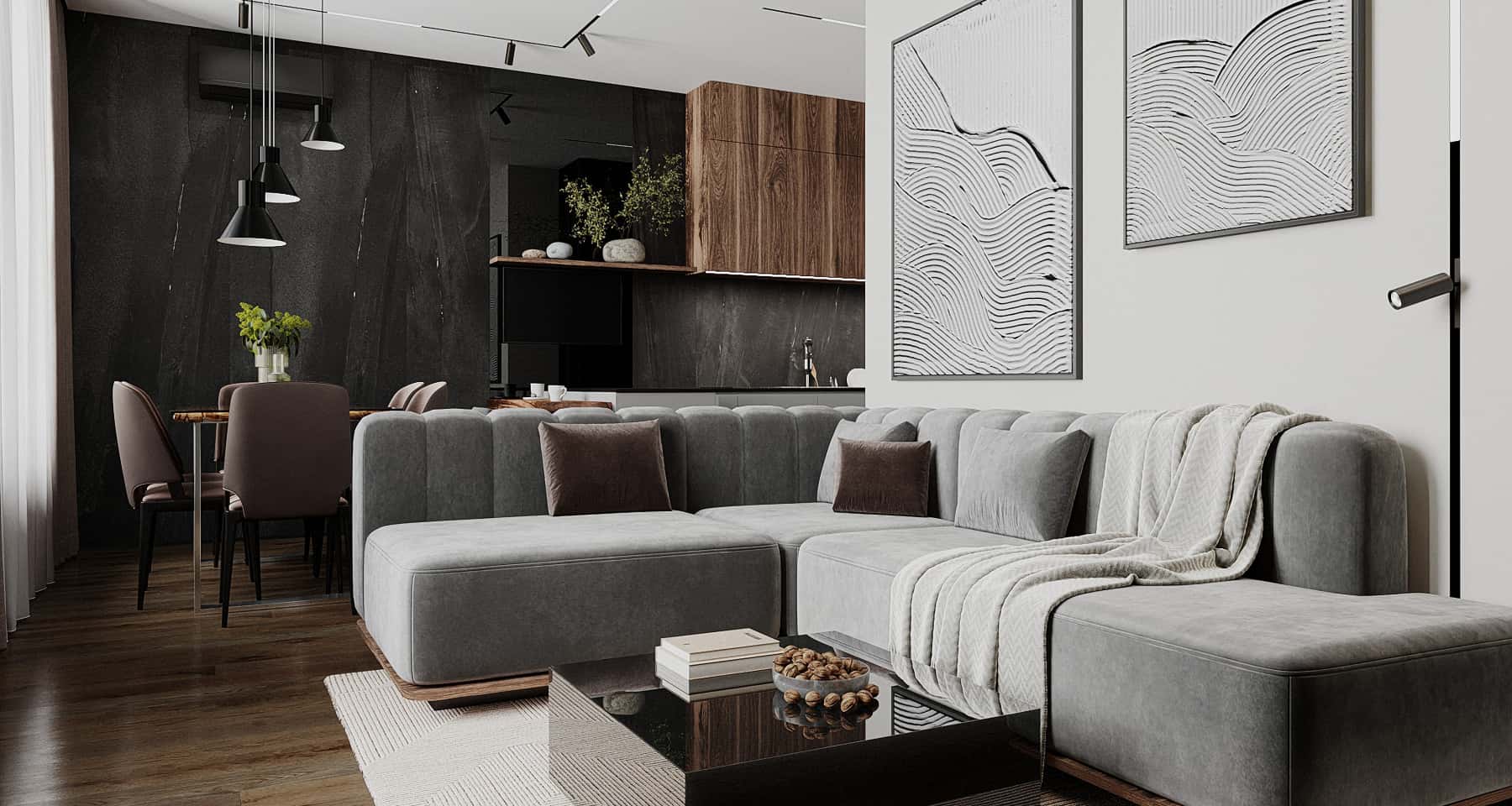 Japandi w małym mieszkaniu Aranżacja małego mieszkania w stylu japandi z wykorzystaniem ciepłego drewna i minimalistycznych dodatków.