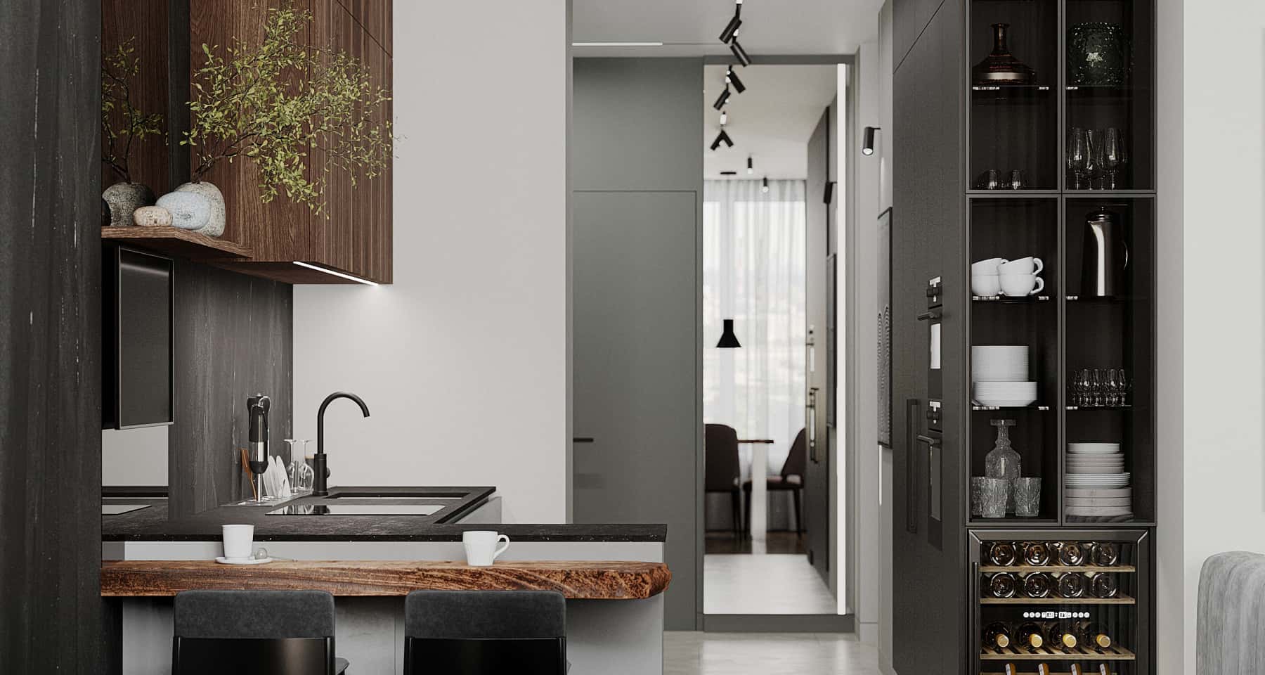 Salon w stylu Japandi Minimalistyczny salon w stylu japandi z drewnianymi elementami i subtelnymi dekoracjami.