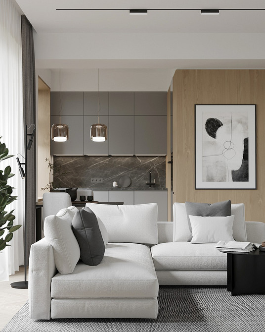 Narożnik z jadalnią Nowoczesny narożnik kuchenny z jadalnią i dużym oknem: idealne połączenie.