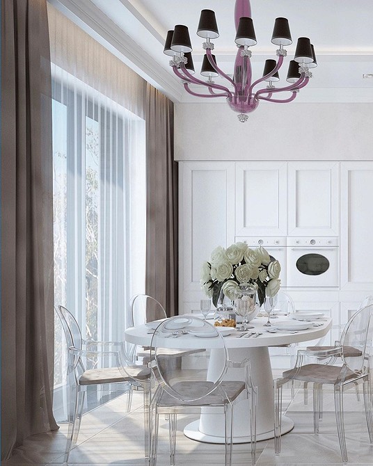 Przezroczyste hokery w kuchni Stylowa kuchnia z przezroczystymi krzesłami barowymi – nowoczesny design wnętrza.