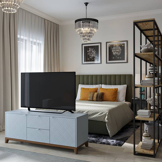 Drewno i przestrzeń Drewniana szafka RTV z otwartymi półkami na sprzęt i dekoracje.