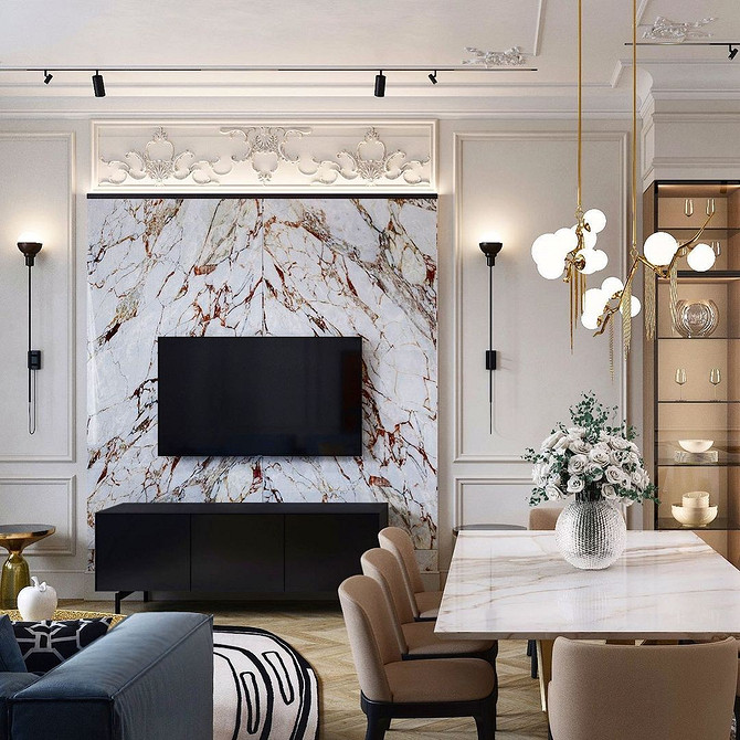 Szafka z otwartymi półkami Nowoczesna szafka RTV z otwartymi półkami w aranżacji wnętrza salonu.