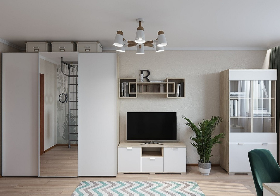 Nowoczesne Oświetlenie Szafa lustrzana z podświetleniem w salonie. Nowoczesny design i dodatkowe oświetlenie.