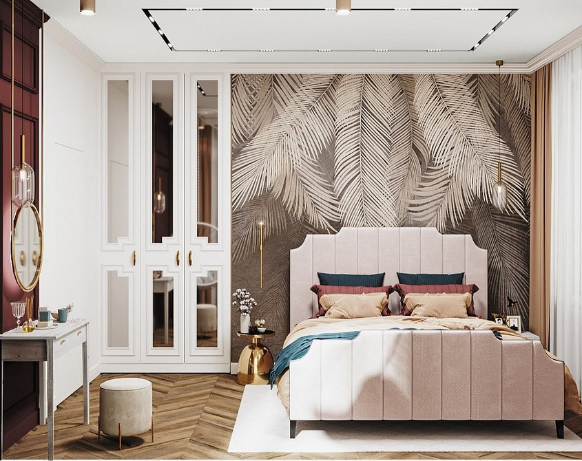 Szafa: Od podłogi Pokój z dużą szafą z lustrem od podłogi do sufitu, optyczne powiększenie.