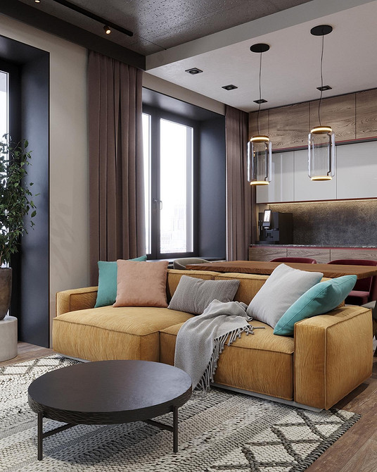 Żółta sofa: Salon Żółta sofa w salonie z białymi ścianami i drewnianą podłogą