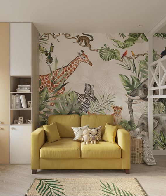 Duża żółta sofa Żółta sofa narożna w dużym salonie: wygodne i rodzinne rozwiązanie.