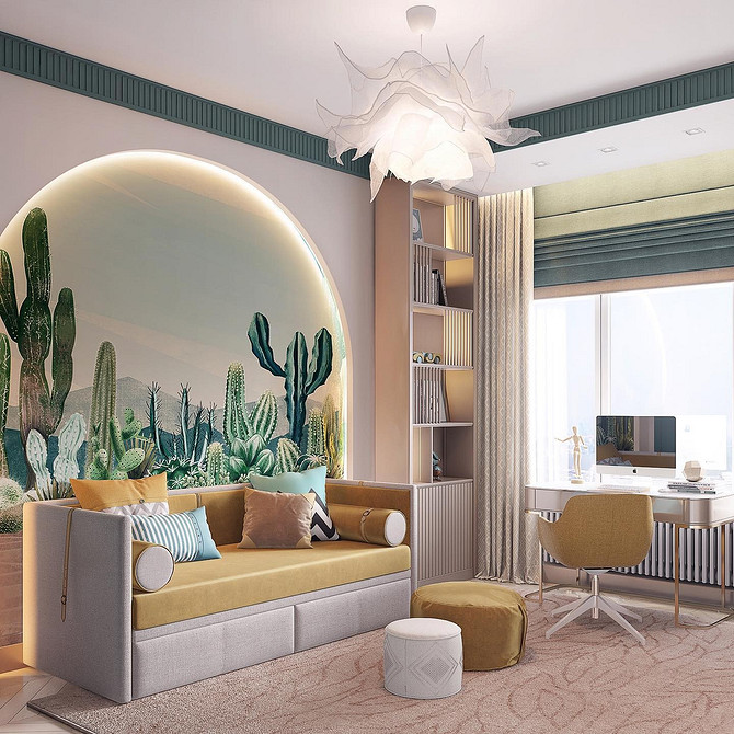 Żółta sofa z poduszkami Żółta sofa z różnokolorowymi poduszkami w salonie. Kolorowy i radosny design.