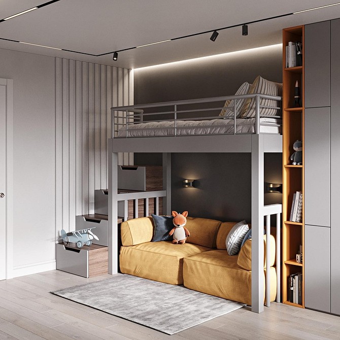 Żółta sofa i szarość Żółta sofa w salonie z szarymi ścianami: stylowy design wnętrza.