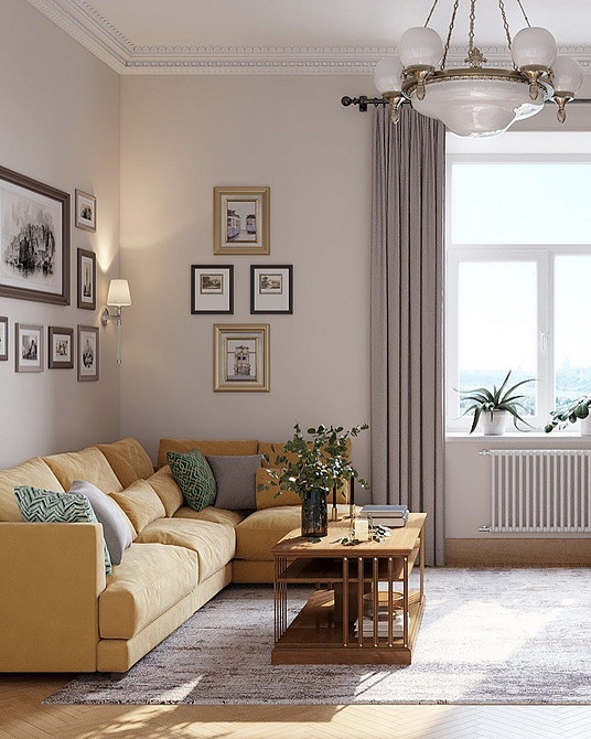 Salon z żółtą sofą Nowoczesny salon z żółtą sofą, stolikiem kawowym i dużym oknem. Minimalistyczny design.