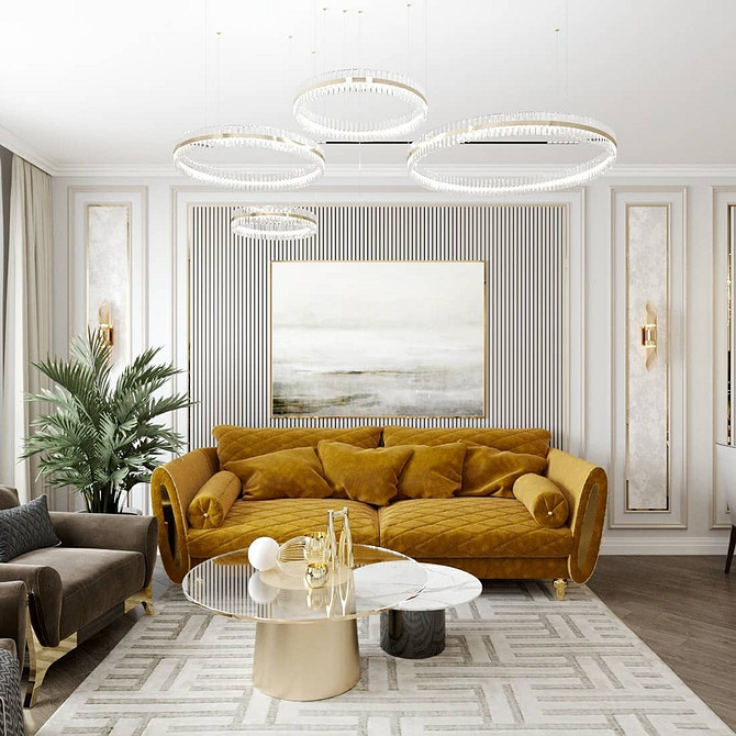 Żółta sofa: Elegancja Elegancka żółta sofa w salonie z dywanem i dekoracyjnymi poduszkami