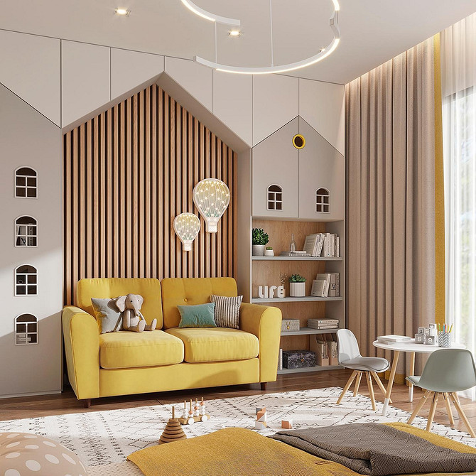 Salon z książkami i sofą Salon z żółtą sofą, półkami na książki i roślinami. Przytulny design wnętrza.