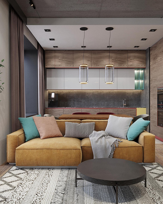 Żółta sofa: Kuchnia Nowoczesna kuchnia z żółtą sofą narożną, białe szafki, drewniany blat