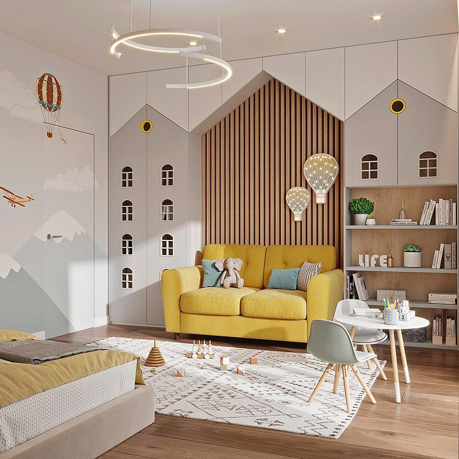 Żółty narożnik w salonie Żółty narożnik w przestronnym salonie o nowoczesnym designie. Wygodny mebel.