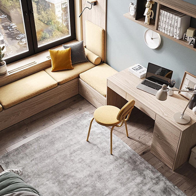 Żółta sofa: Skandi styl Żółta sofa w skandynawskim wnętrzu z drewnianymi elementami. Skandynawski styl i kolor.